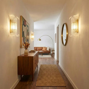 Curved Glass Drum Wall Lamp – Vintage Gold Black Grid Glass Sconce E12/E14