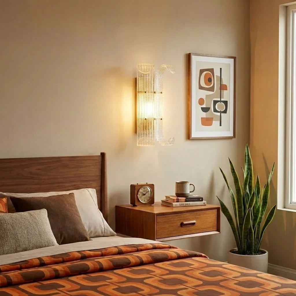 Curved Glass Drum Wall Lamp – Vintage Gold Black Grid Glass Sconce E12/E14