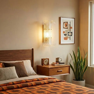 Curved Glass Drum Wall Lamp – Vintage Gold Black Grid Glass Sconce E12/E14