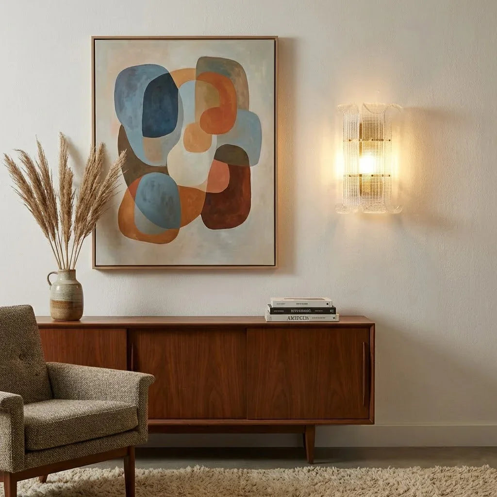 Curved Glass Drum Wall Lamp – Vintage Gold Black Grid Glass Sconce E12/E14