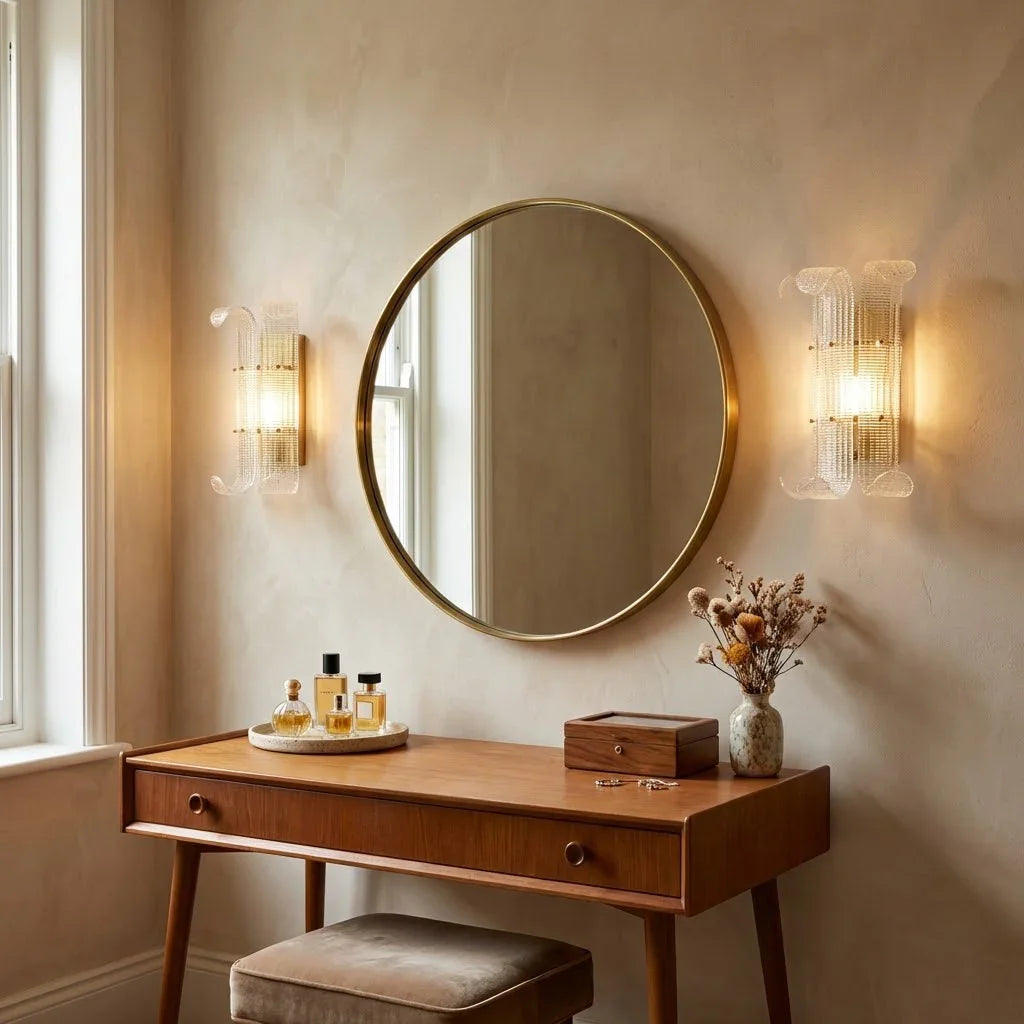 Curved Glass Drum Wall Lamp – Vintage Gold Black Grid Glass Sconce E12/E14