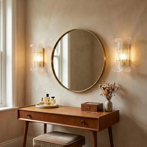 Curved Glass Drum Wall Lamp – Vintage Gold Black Grid Glass Sconce E12/E14