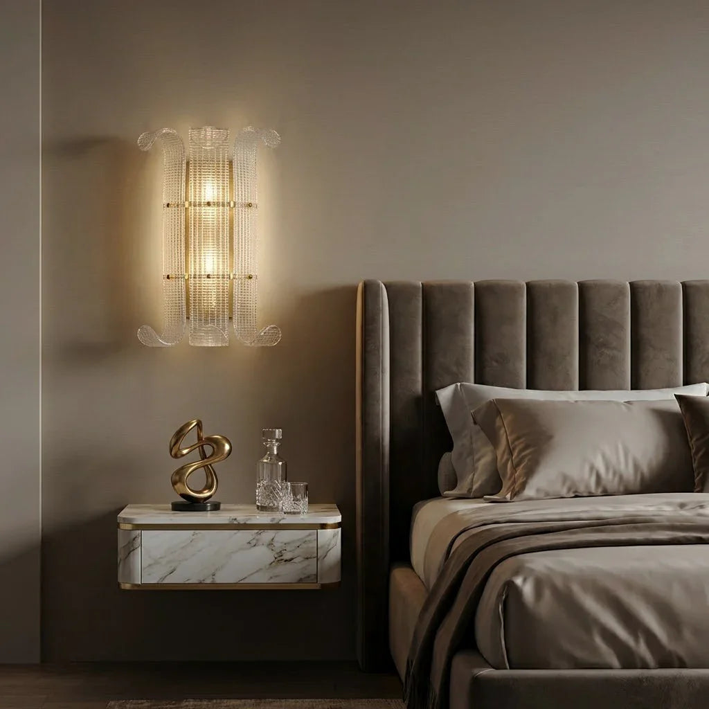 Curved Glass Drum Wall Lamp – Vintage Gold Black Grid Glass Sconce E12/E14