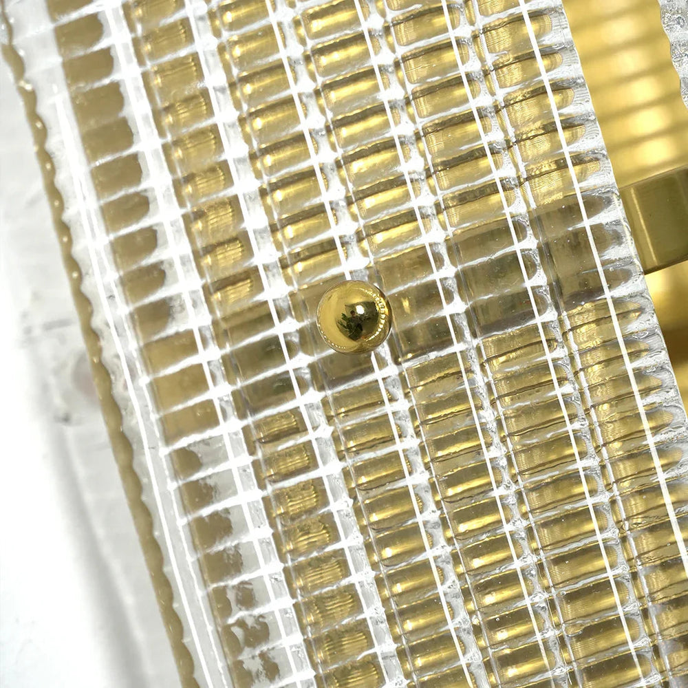 Curved Glass Drum Wall Lamp – Vintage Gold Black Grid Glass Sconce E12/E14