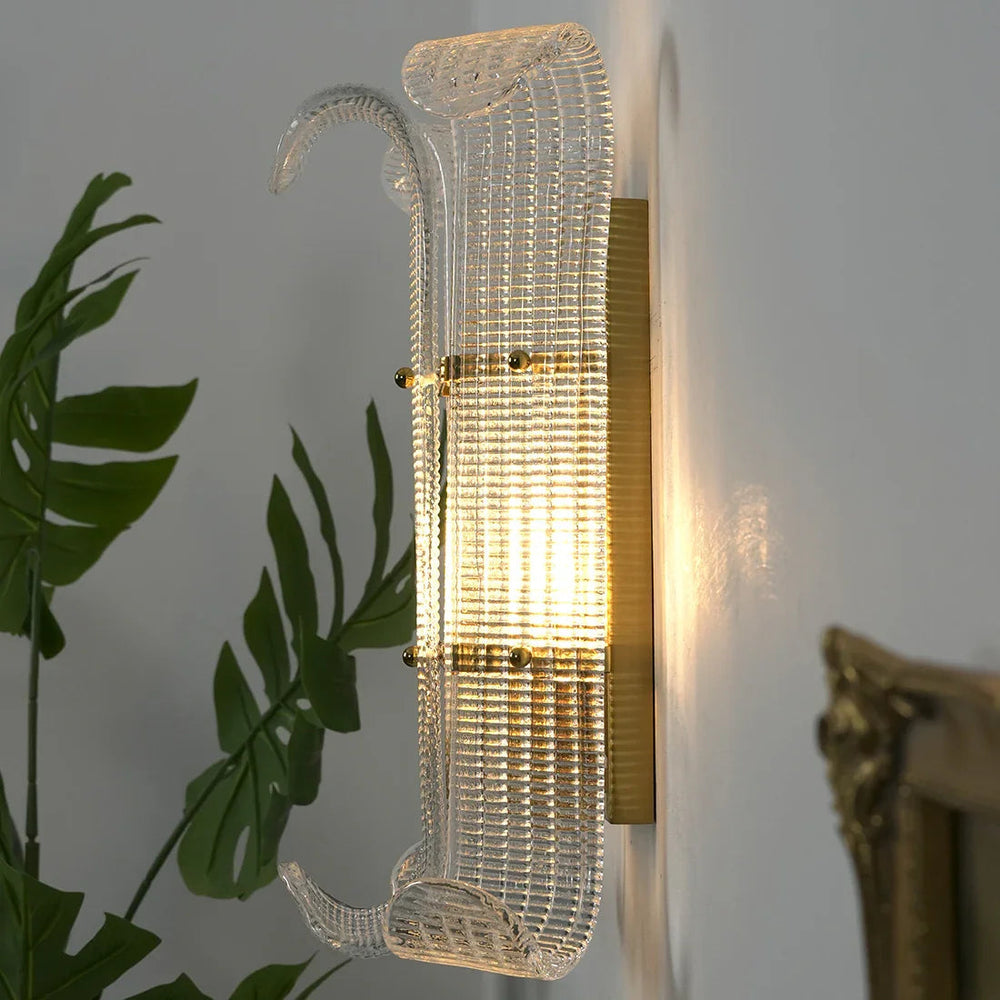 Curved Glass Drum Wall Lamp – Vintage Gold Black Grid Glass Sconce E12/E14