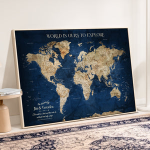 Framed Custom World Map Canvas Print - Deep Blue World Map