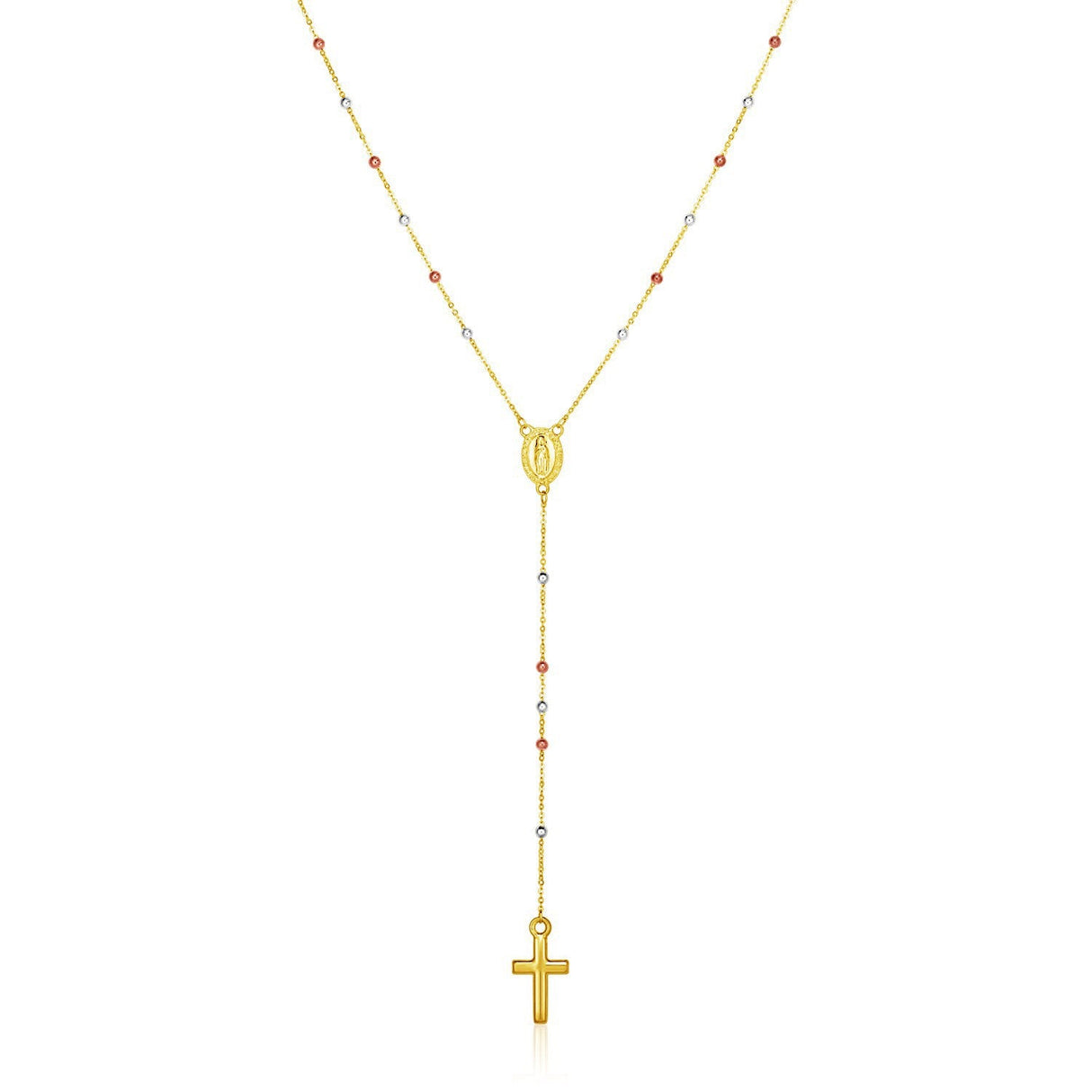 14k Tri Color Gold Lariat Rosary Necklace