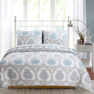 Blue Floral Medallion Cotton 3-Piece Reversible Quilt Bedding Set