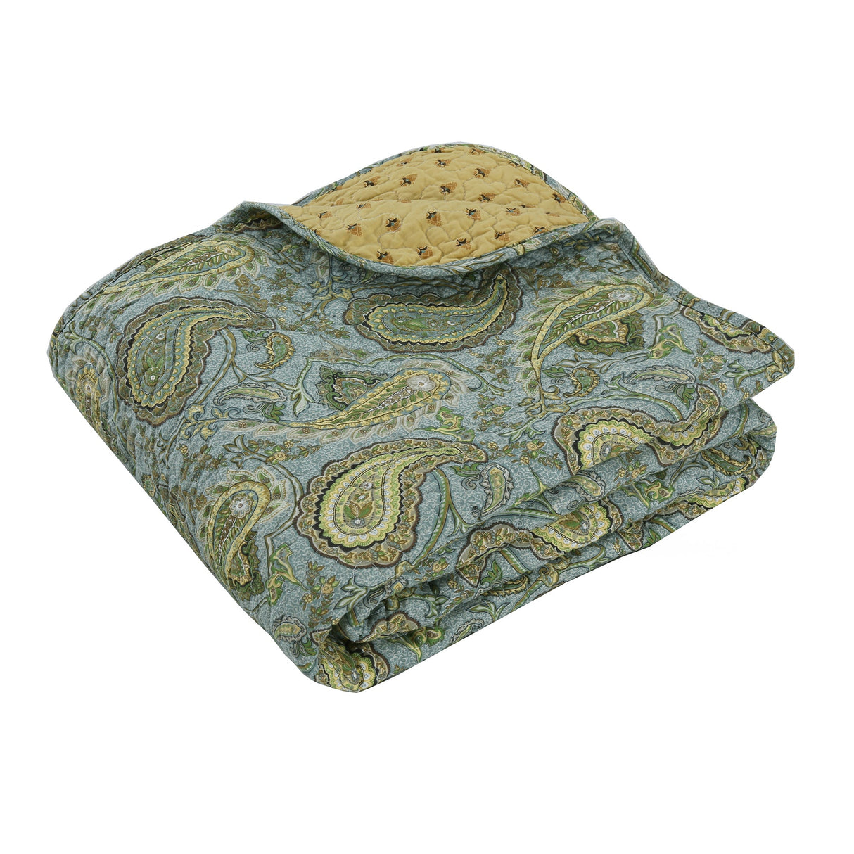 Green Blue Persian Paisley Scalloped Cotton Reversible Quilted Throw Blanket