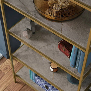 Gold Metal Display Rack Etagere Bookcase with 5 Faux Stone Storage Shelves