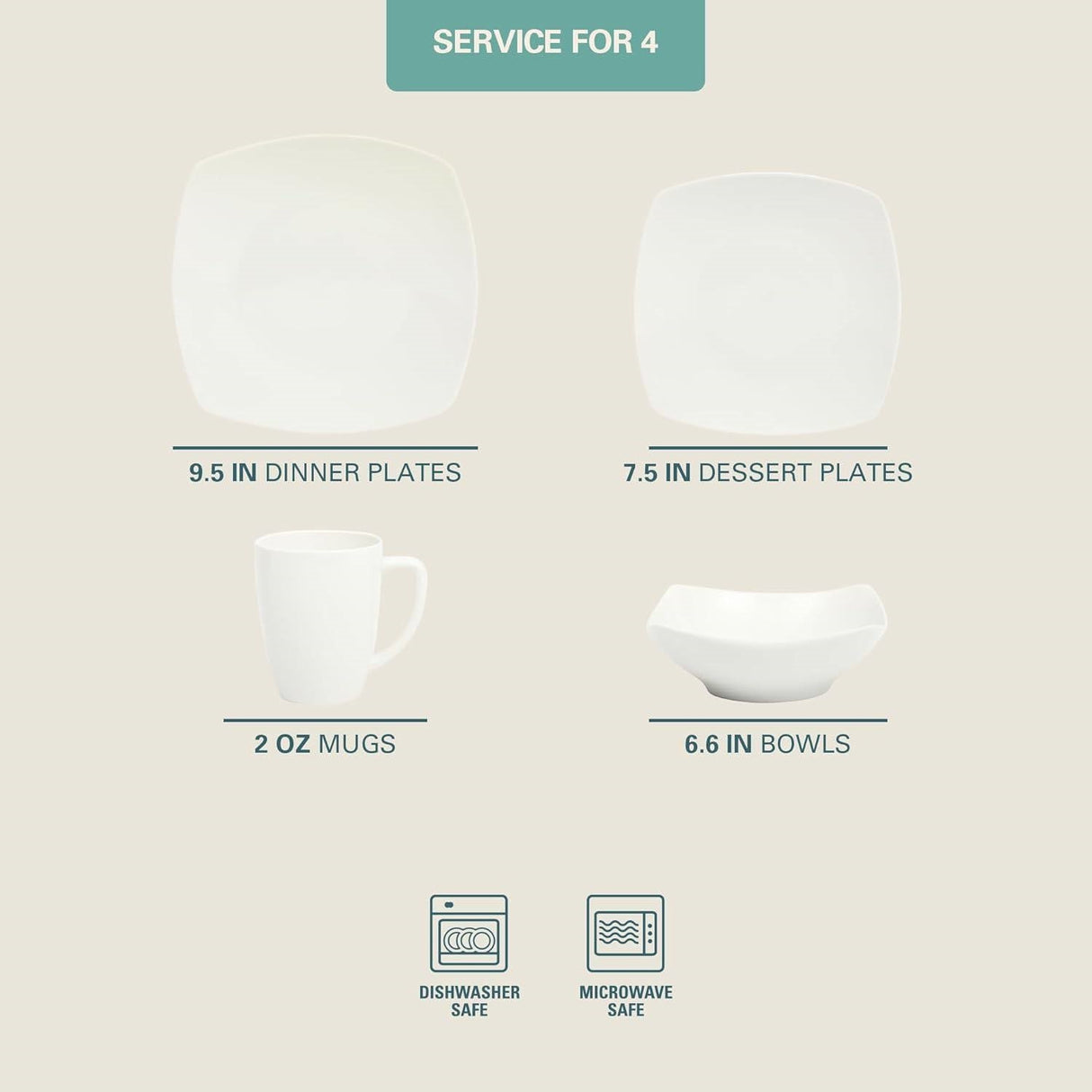 16 Pieces - White Square Porcelain Dinnerware Set - Service for 4