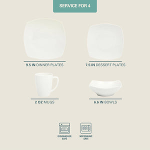 16 Pieces - White Square Porcelain Dinnerware Set - Service for 4
