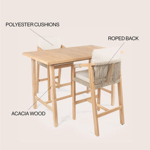 Porto Modern Coastal 3-Piece Acacia Wood Outdoor Bar Set with Cushions