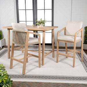 Porto Modern Coastal 3-Piece Acacia Wood Outdoor Bar Set with Cushions