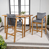 Porto Modern Coastal 3-Piece Acacia Wood Outdoor Bar Set with Cushions