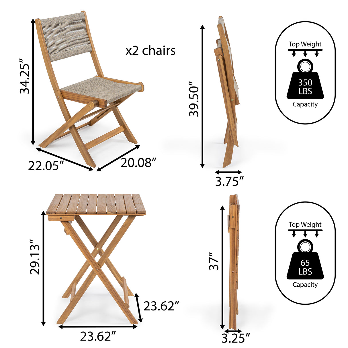 Javea modern coastal 3-piece acacia wood outdoor folding bistro set