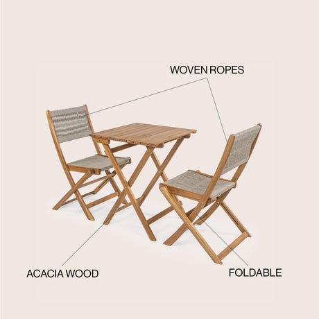 Javea modern coastal 3-piece acacia wood outdoor folding bistro set