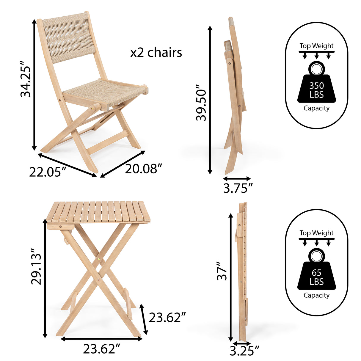Javea modern coastal 3-piece acacia wood outdoor folding bistro set