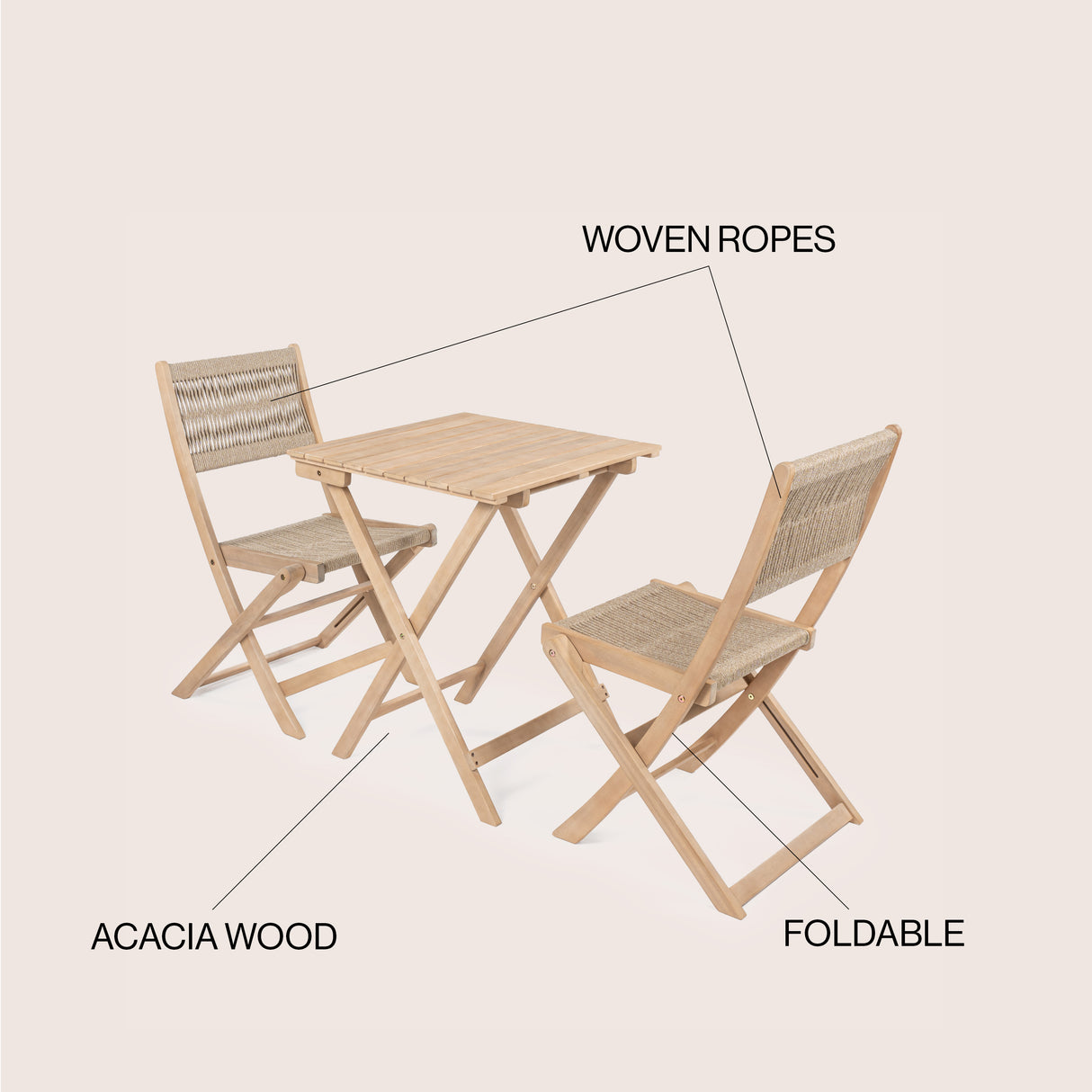 Javea modern coastal 3-piece acacia wood outdoor folding bistro set