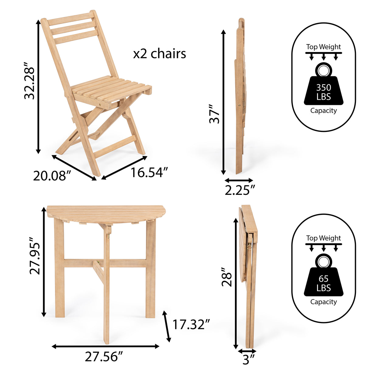 Cadiz Classic French Country 3-Piece Acacia Wood Half-Round Outdoor Folding Bistro Set