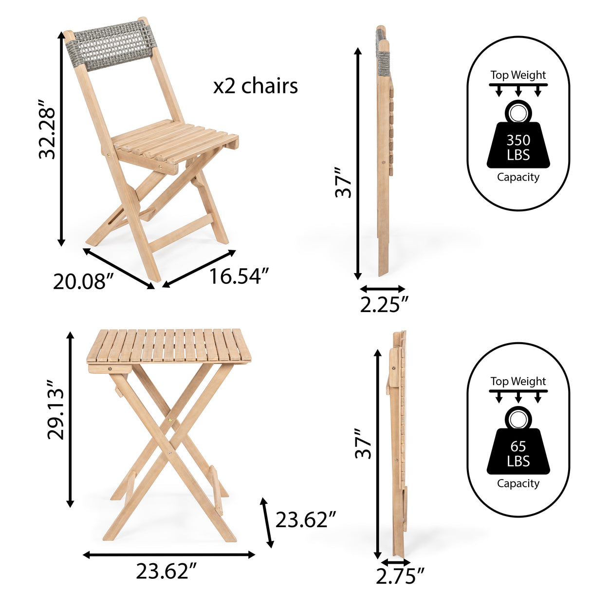 Sitges Modern Mid-Century 3-Piece Roped Acacia Wood Outdoor Folding Bistro Set