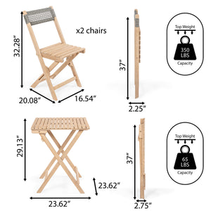 Sitges Modern Mid-Century 3-Piece Roped Acacia Wood Outdoor Folding Bistro Set