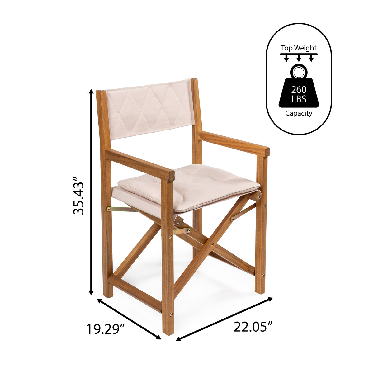Waldo classic mid-century outdoor acacia wood foldable diamond-quilted back director chair with cushion