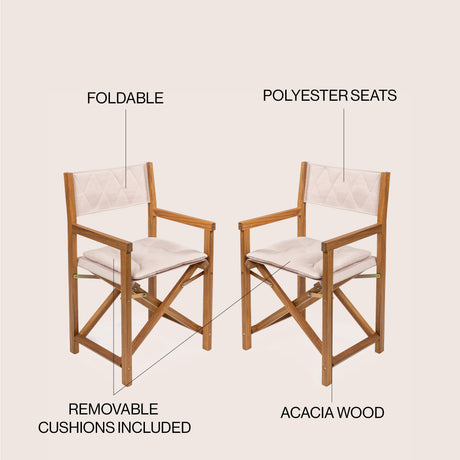 Waldo classic mid-century outdoor acacia wood foldable diamond-quilted back director chair with cushion
