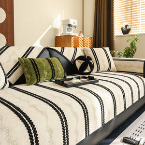 Non-Slip Sofa Cover with Thick Chenille Texture Woven Stripe Couch Protector Throw