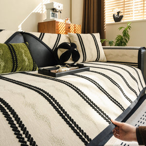 Non-Slip Sofa Cover with Thick Chenille Texture Woven Stripe Couch Protector Throw