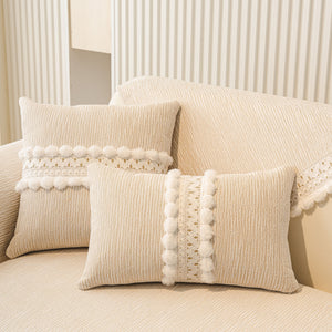 Soft Chenille Sectional Sofa Cover with Pom Pom Trim – Non-Slip Couch Protector
