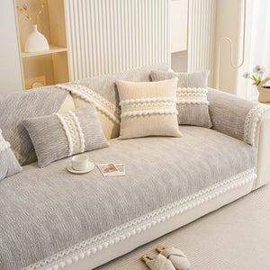 Soft Chenille Sectional Sofa Cover with Pom Pom Trim – Non-Slip Couch Protector