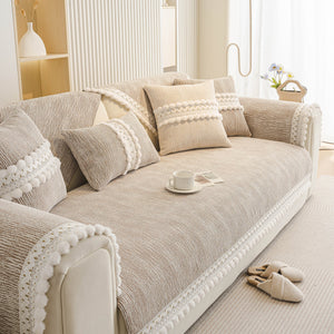 Soft Chenille Sectional Sofa Cover with Pom Pom Trim – Non-Slip Couch Protector