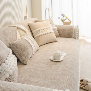 Soft Chenille Sectional Sofa Cover with Pom Pom Trim – Non-Slip Couch Protector