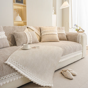 Soft Chenille Sectional Sofa Cover with Pom Pom Trim – Non-Slip Couch Protector