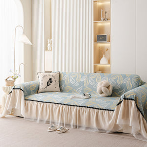 Leaf Jacquard Sofa Cover with Ruffle Skirt – Non-Slip Couch Protector with Sheer Hem