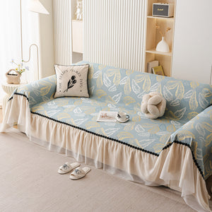 Leaf Jacquard Sofa Cover with Ruffle Skirt – Non-Slip Couch Protector with Sheer Hem