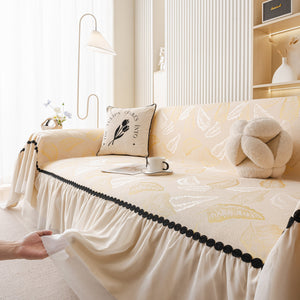 Leaf Jacquard Sofa Cover with Ruffle Skirt – Non-Slip Couch Protector with Sheer Hem