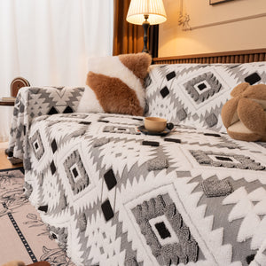 Bohemian Tufted Sofa Cover, Soft Sherpa Fleece Throw Blanket with 3D Aztec Geometric