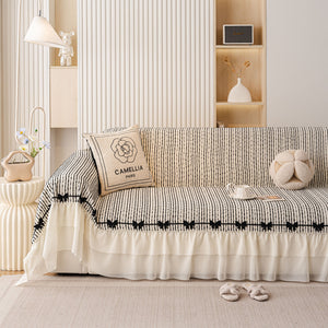 Ruffled Sofa Cover with Bowknot Decor, French Country Style Skirted Couch Slipcover