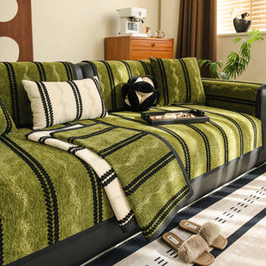 Non-Slip Sofa Cover with Thick Chenille Texture Woven Stripe Couch Protector Throw
