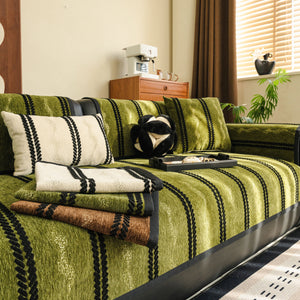 Non-Slip Sofa Cover with Thick Chenille Texture Woven Stripe Couch Protector Throw