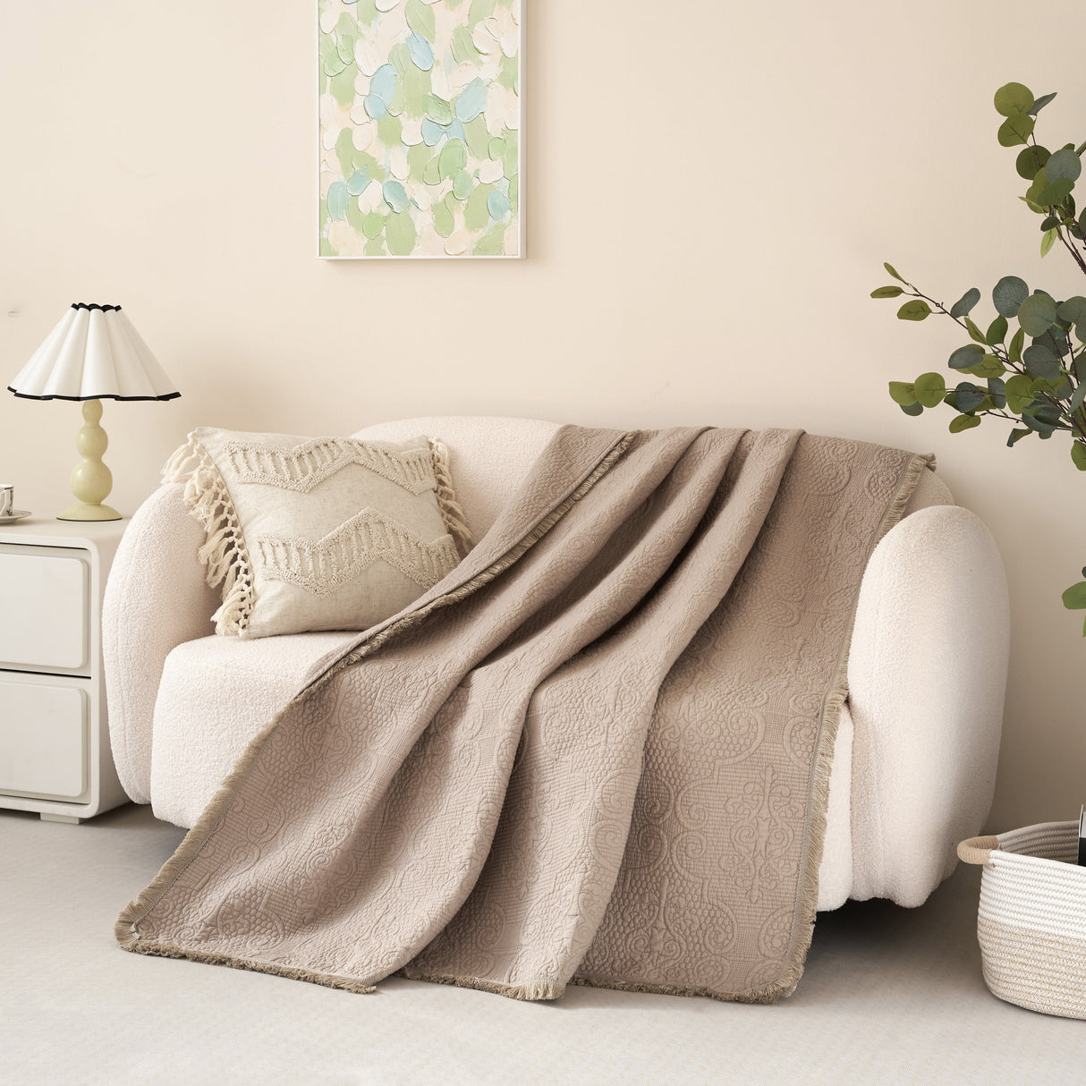 DaDa Bedding Elegant Fringed Cotton Quilted Throw Blanket - Luxurious Solid Soft Paisley Pattern, Cozy Lightweight Lap Throw, Perfect for Couch or Bed, Neutral Sandy Taupe Tan Beige, 50x60 Inches
