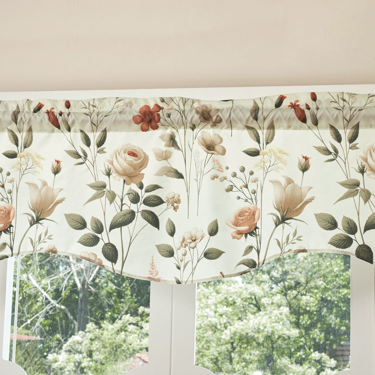 DaDa Bedding Collection Enchanted Meadow Semi-Sheer Valance - Floral Elegance in Beige, Rose, and Soft Green, Light Filtering See Through Microfiber, Rod Pocket Design, 18x52 Inches