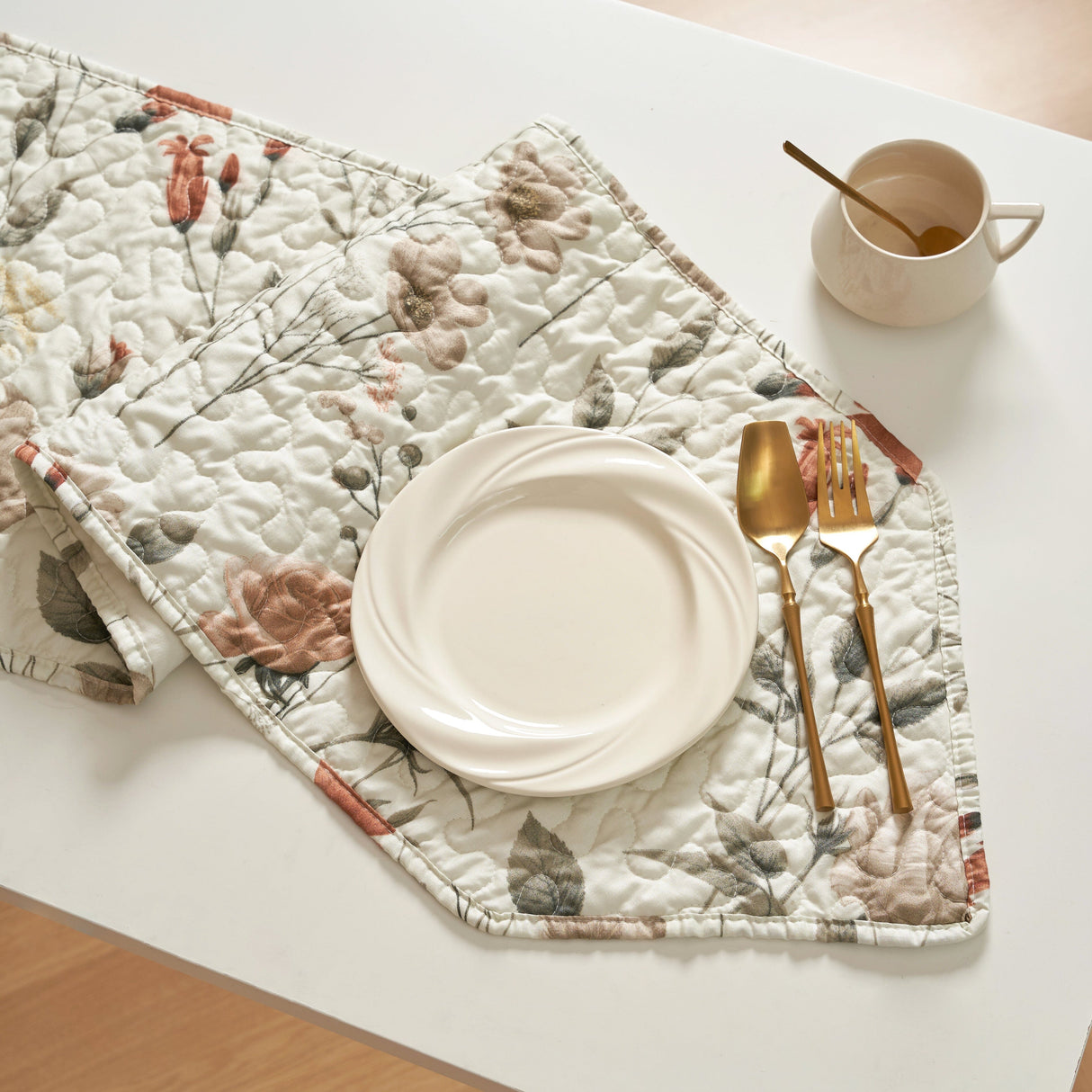 DaDalogy Enchanted Meadow Reversible Dinner Table Runner - Floral Elegance in Beige, Rose, and Soft Olive Green, Premium Soft Microfiber Quilted Table Runner