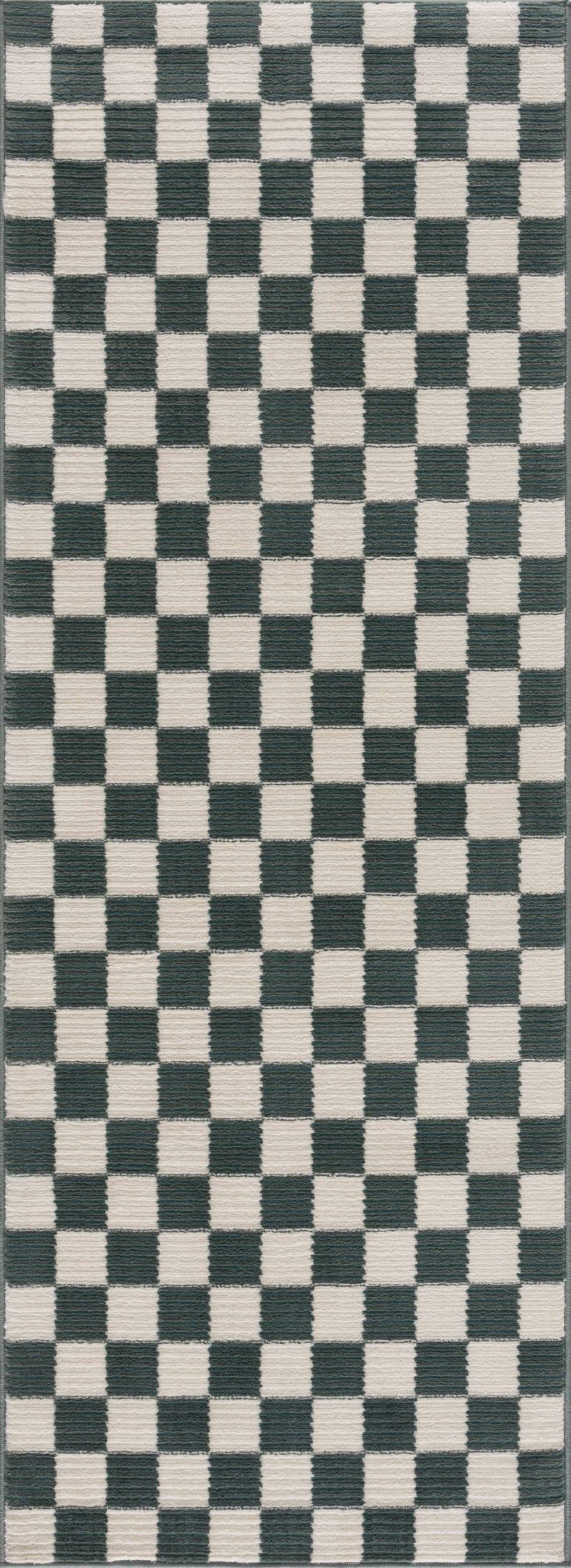 Kaysar Oil Green Checkered Washable Area Rug