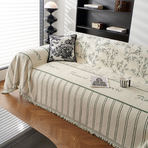 Chenille Striped Floral Couch Cover Sofa Slipcover for Most Shape Sofas, Reversible Sofa Throw Cover