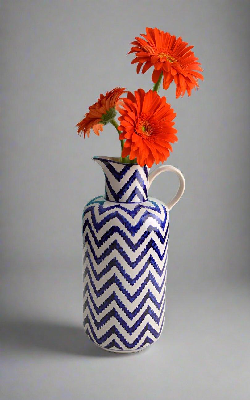 Cobalt Chevron Bottle Pitcher – Hand-Painted Ceramic Accent