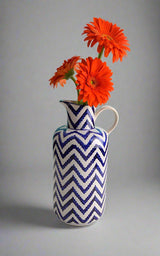 Cobalt Chevron Bottle Pitcher – Hand-Painted Ceramic Accent
