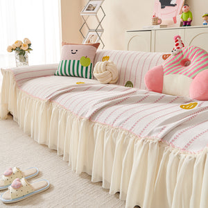 Cute Dotted Stripe Couch Protector, Non-Slip Washable Sofa Cover with Ruffled Skirt